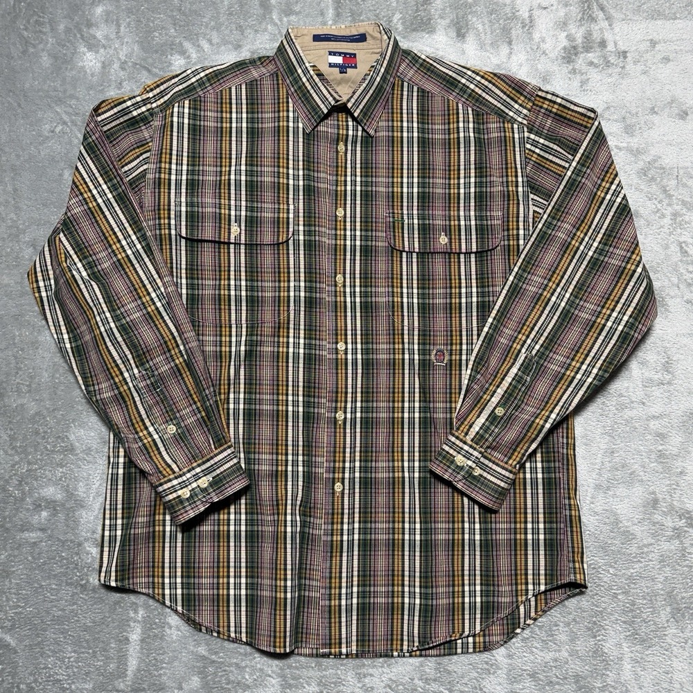 Tommy Hilfiger Vintage 90s Y2K Striped Corduroy Collar Shirt Crest Logo Large